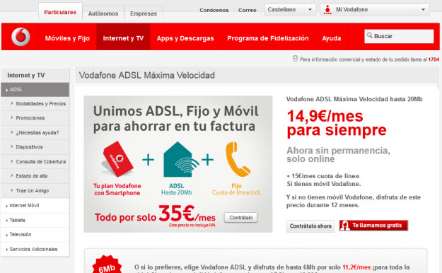 Promociones ADSL más móvil en Vodafone